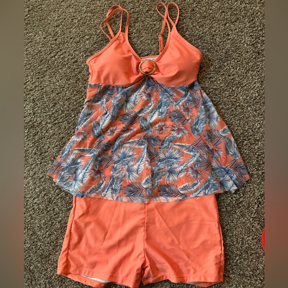 SHEIN Coral and Blue Leaf Swim Tankini Set